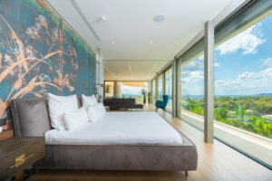 Master bedroom with sea view of a luxury villa in Ibiza